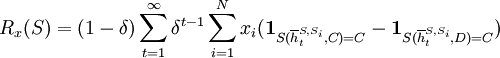 R_{x}(S) =(1-\delta) \sum_{t=1}^{\infty}\delta ^{t-1} \sum_{i=1}^{N}x_{i}(\mathbf{1}_{{S(\overline{h}_{t}^{S,S_{i}},C) =C} }-\mathbf{1}_{{ S(\overline{h}_{t}^{S,S_{i}},D) =C} })